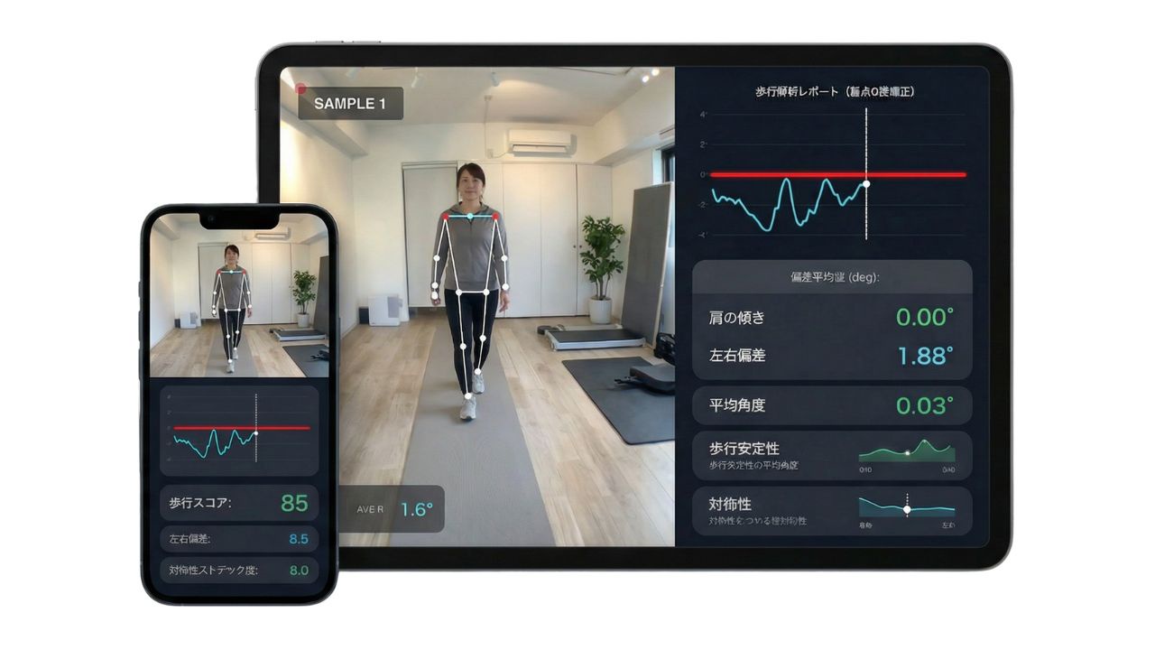 SOLEAXISのアプリ画面。スマホとタブレットで歩行をAI解析し、骨格と数値・グラフを表示している様子。